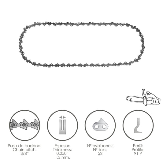 Corrente de motosserra 3/8" / 0,050" 1,3 mm. / 52 Links / 91 P