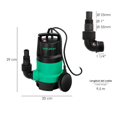 Bomba Aguas Sucias Sumergible 450 W. 8.000 lts/hora, Profundidad 5  Mts, Elevación 5,5 mts. Particulas max. Ø 30 mm.