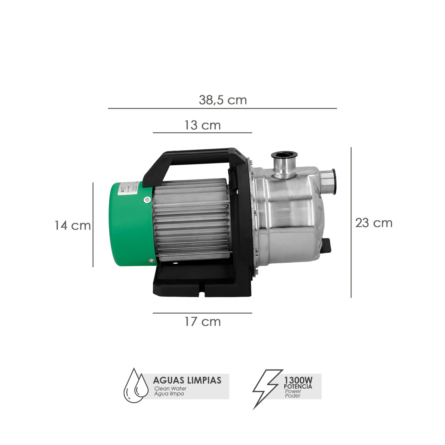 Bomba Aguas Limpias Superficie Acero Inoxidable 1.300 W. 5.000 lts/hora, Profundidad 8 Mts Elevación 50 mts. Presion Max: 5 Bar