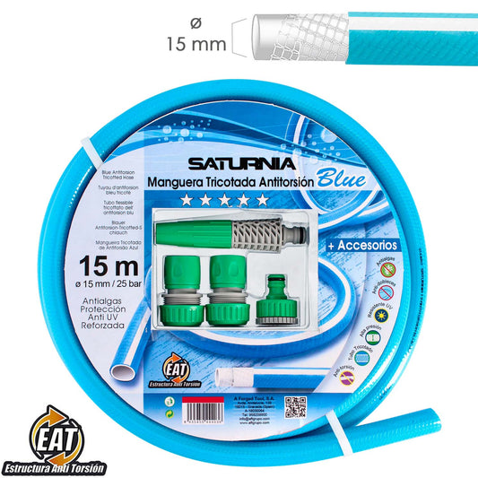 Manga Malha Sem Torção Azul Ø 15 mm. Role 15 metros. Com acessórios, mangueira antitorção, mangueira antitorção,