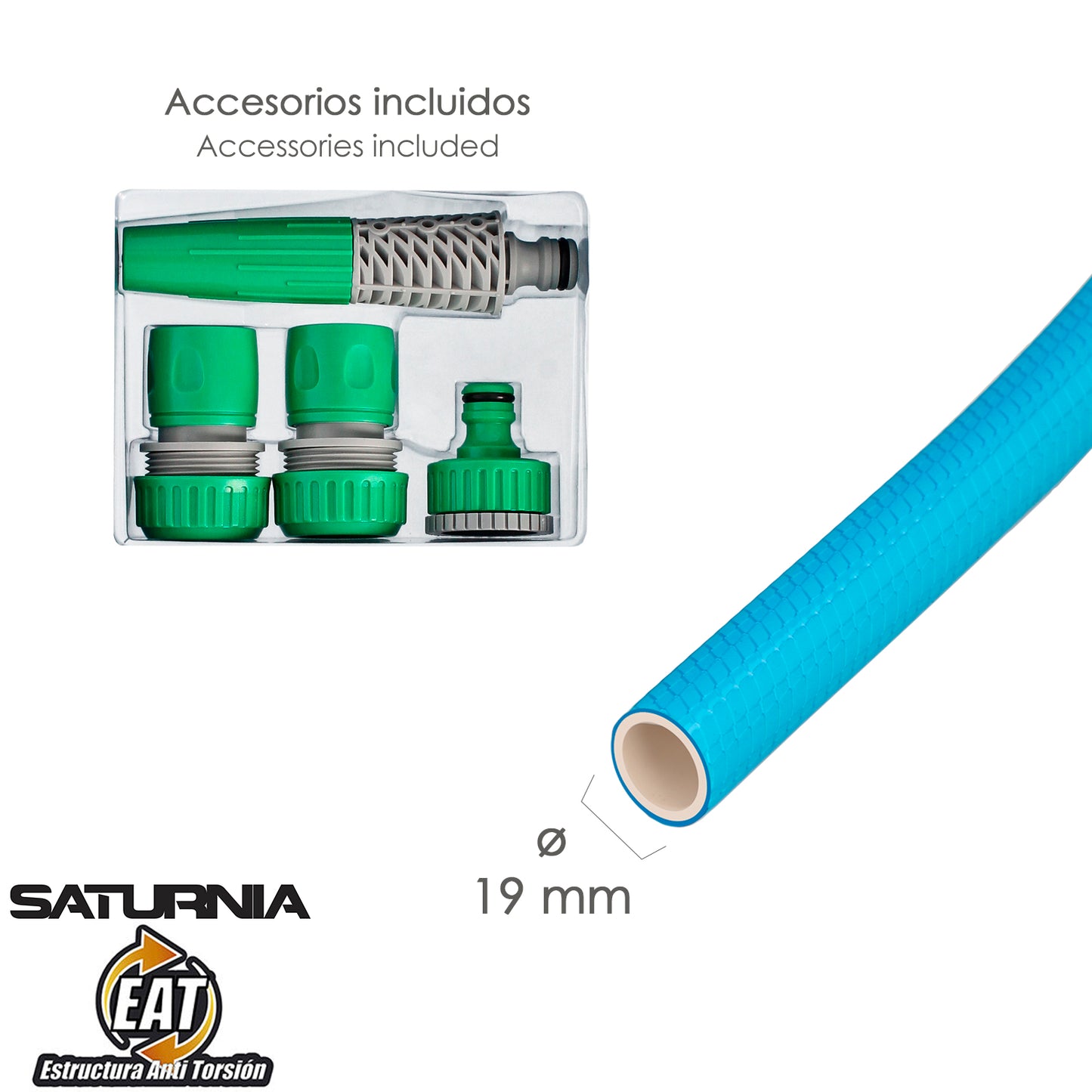 Manguera Tricotada No Torsion Blue Ø 19 mm. Rollo 15 metros. Con Accesorios,  Manguera Anti Torsion, Manguera Sin Dobleces,