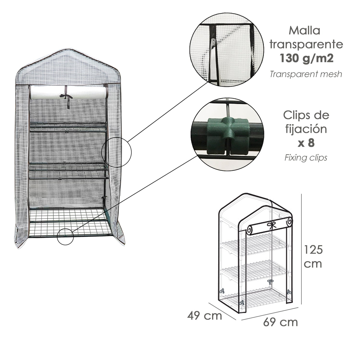 Invernadero de Jardin Portatil PVC3 Niveles 125 cm. Cultivo de plantas, esquejes, semilleros, etc.