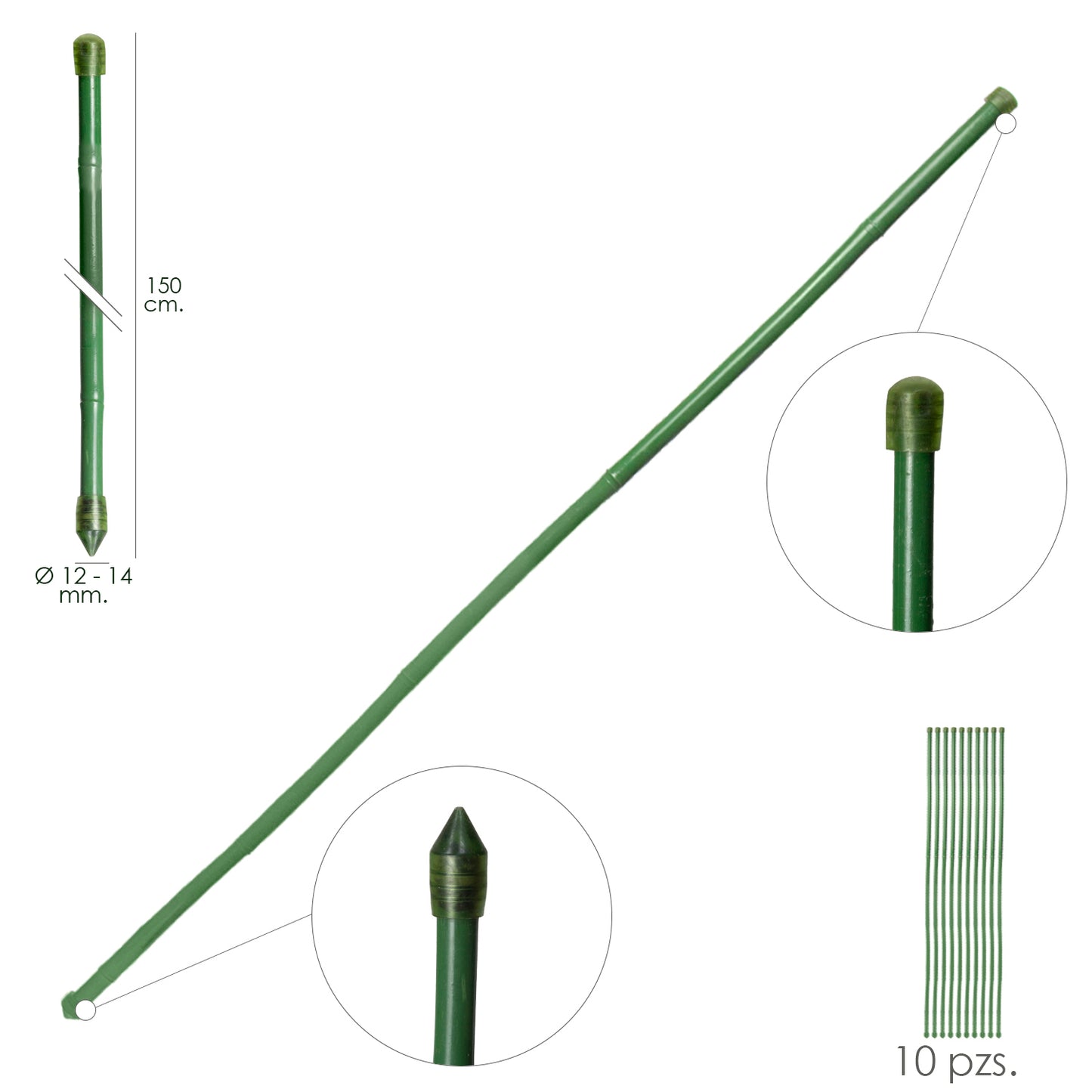 Haste de Bambu Plastificada Tutor Ø 12 - 14 mm. x 150 cm. (Pacote 10 Unidades)