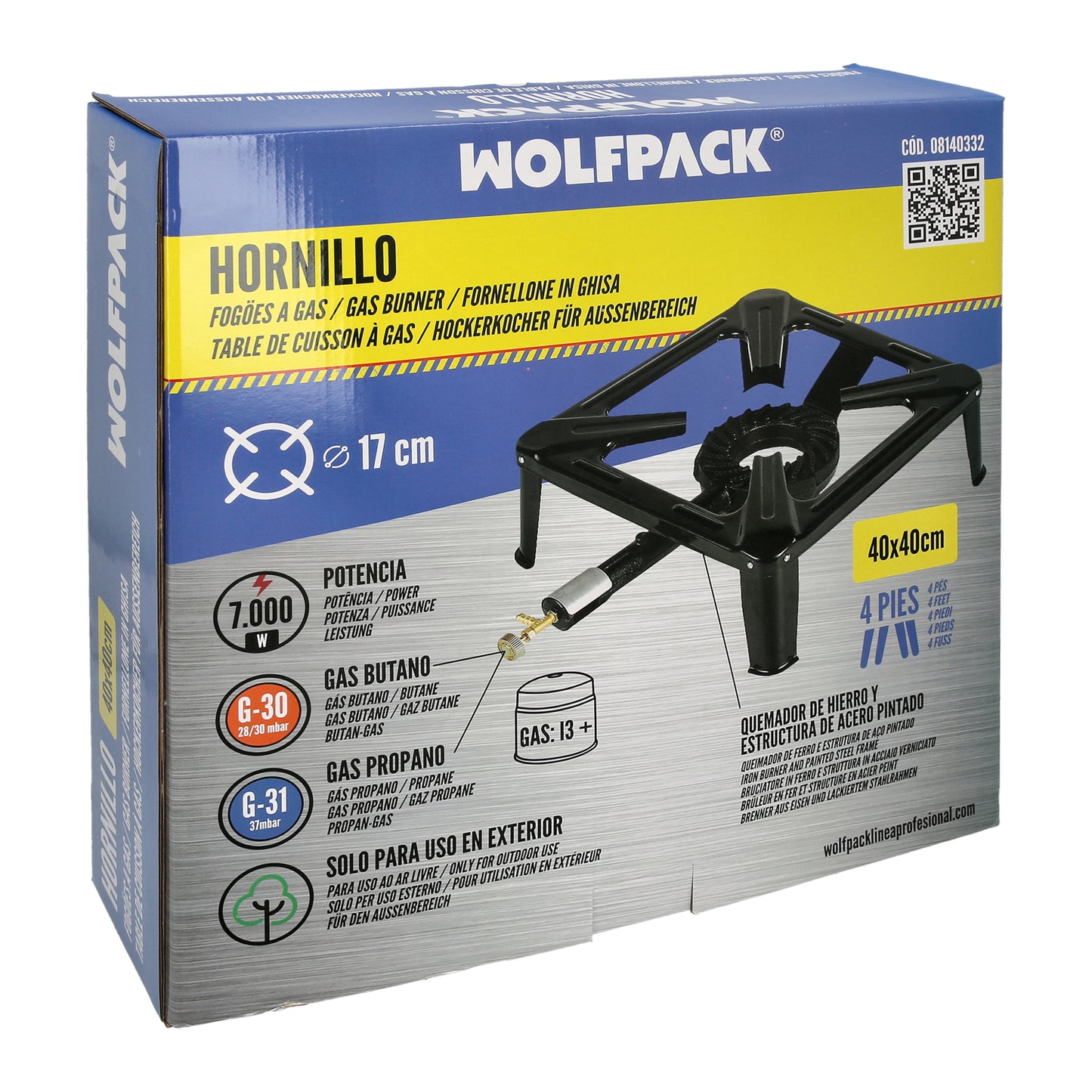 Hornillo Gas 4 Pies 40x40 cm. Potencia 7.000 Watts.
