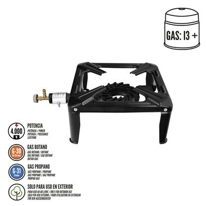 Hornillo Gas 4 Pies 30x30 cm. Potencia 4.000 Watts.