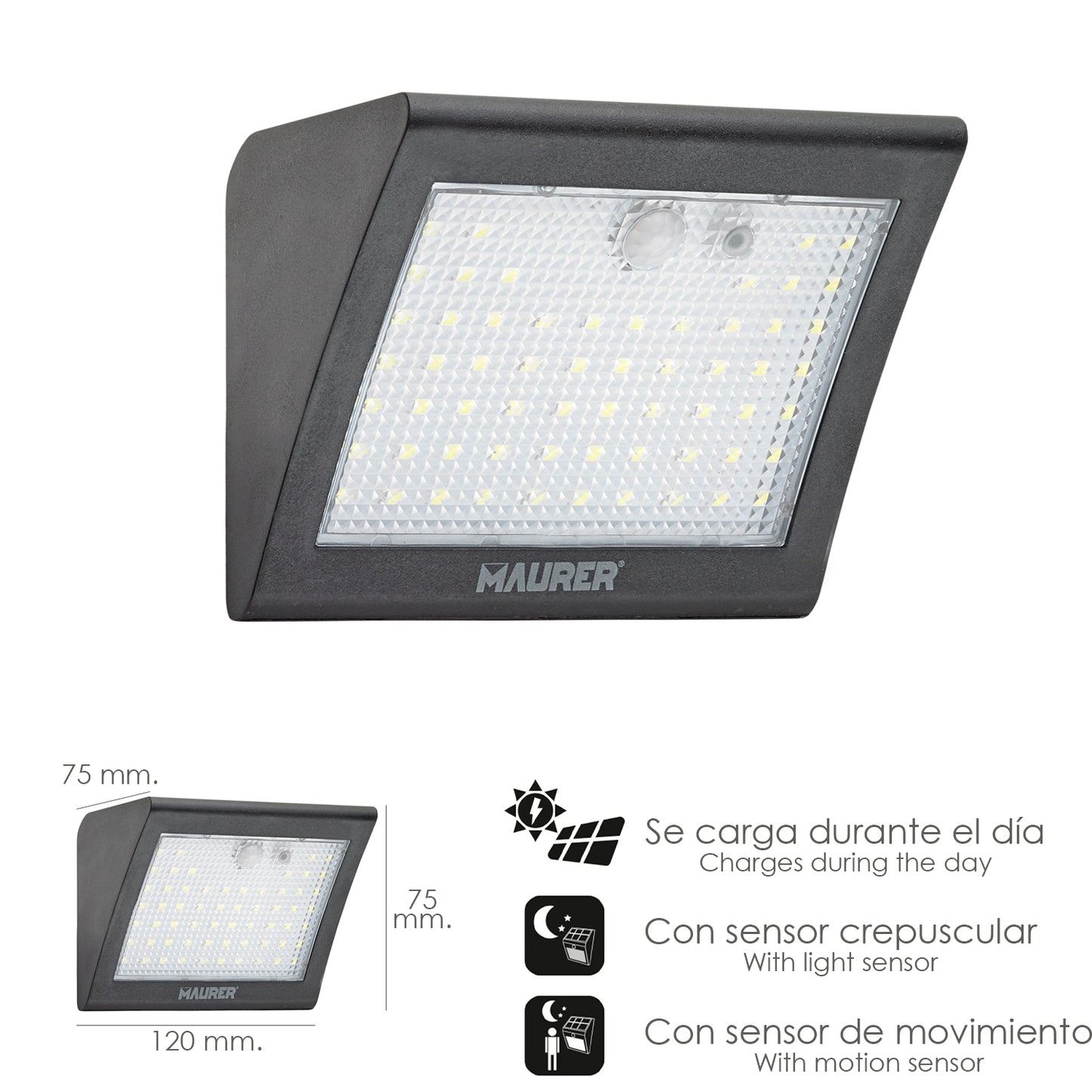 Luminária de parede com led solar 250 lúmens com sensor de movimento e crepúsculo IP65