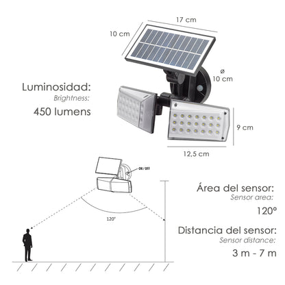 Aplique Led Solar Duplo Com Sensor de Movimento/Crepúsculo 450 Lumens. proteção IP65