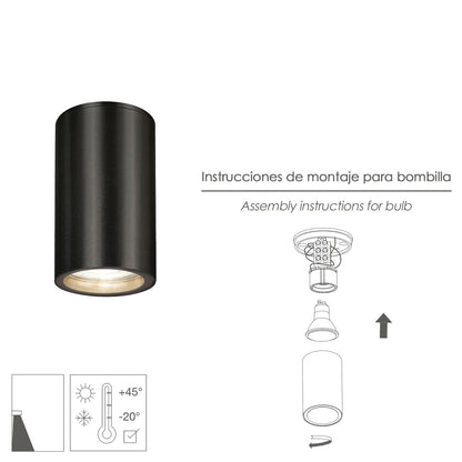 Lampara Techo Foco Gu10 Ip65 Negro Aplique Techo, Luz Jardín, Lámpara Jardín, Luz Exterior, Aplique Jardín