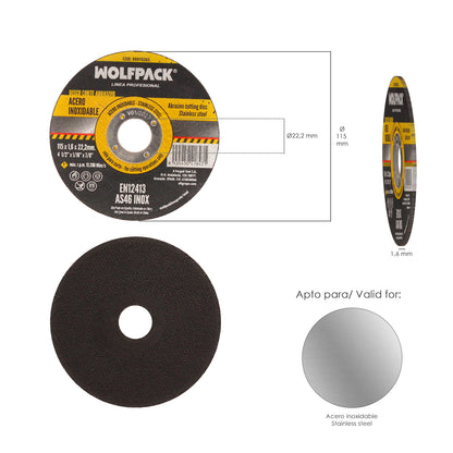 Disco de corte abrasivo inox 115x1,6x22,2 mm.