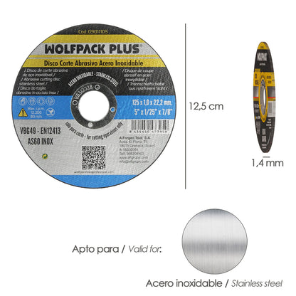 Disco Corte Abrasivo Acero Inoxidable Ø 125 x 22,2 Mm. Espesor 1,0 Mm.