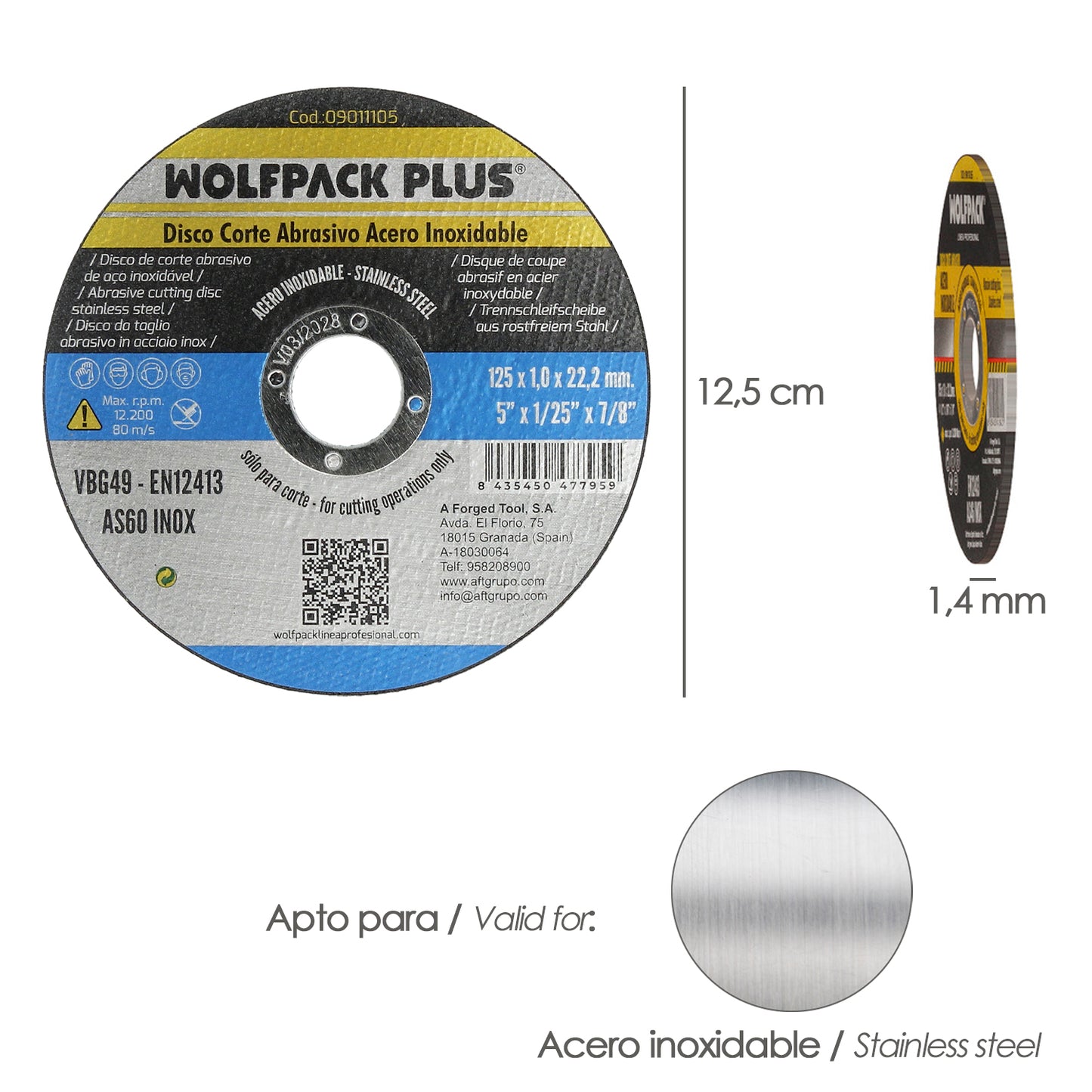 Disco Corte Abrasivo Acero Inoxidable Ø 125 x 22,2 Mm. Espesor 1,0 Mm.