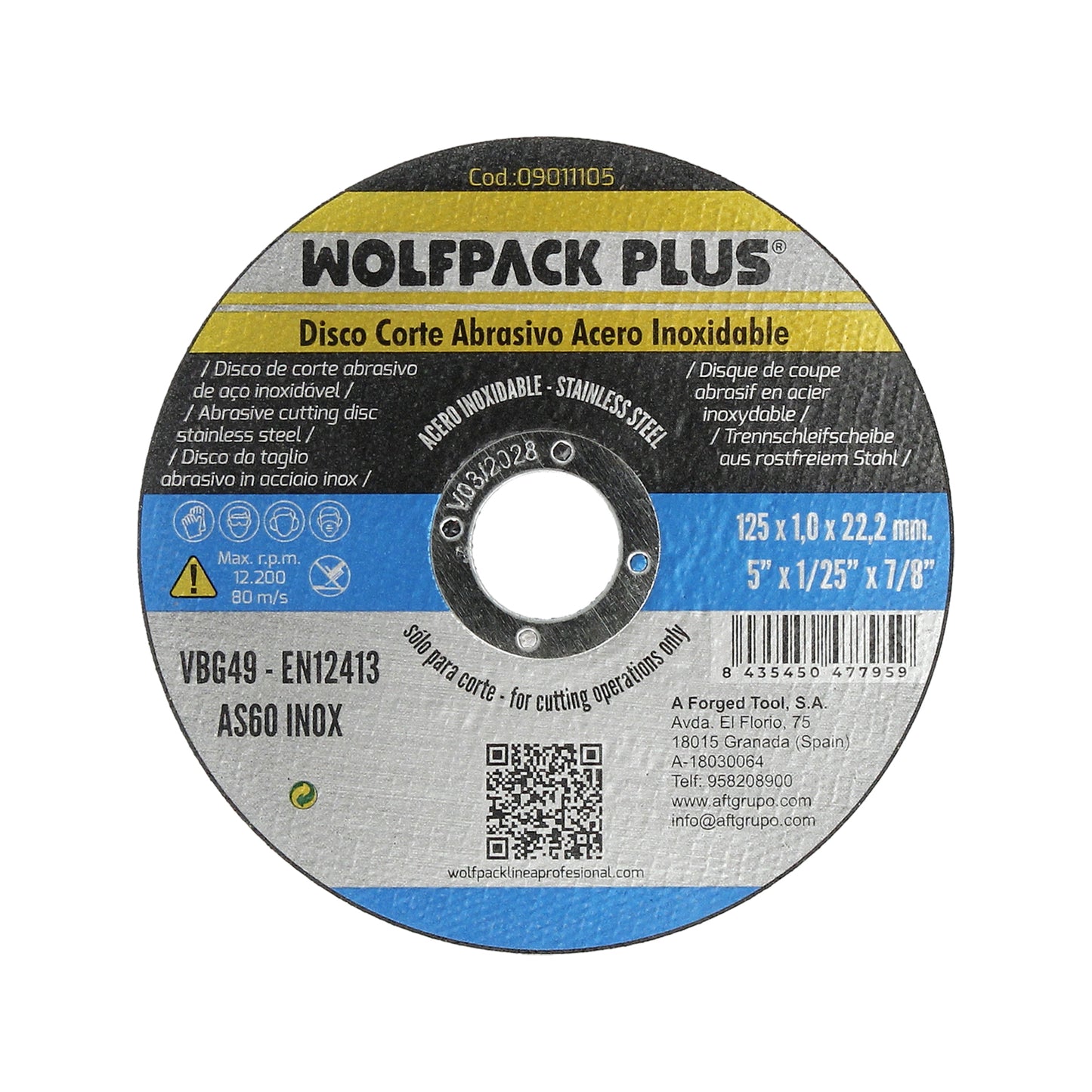 Disco Corte Abrasivo Acero Inoxidable Ø 125 x 22,2 Mm. Espesor 1,0 Mm.