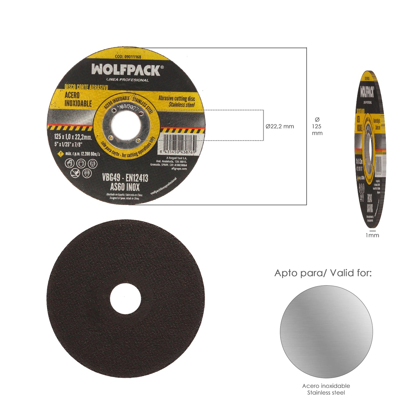 Disco Corte Abrasivo Acero Inoxidable Ø 125x Ø 22,2 mm Espesor 1,0 mm. Disco Radial / Amoladora Universal