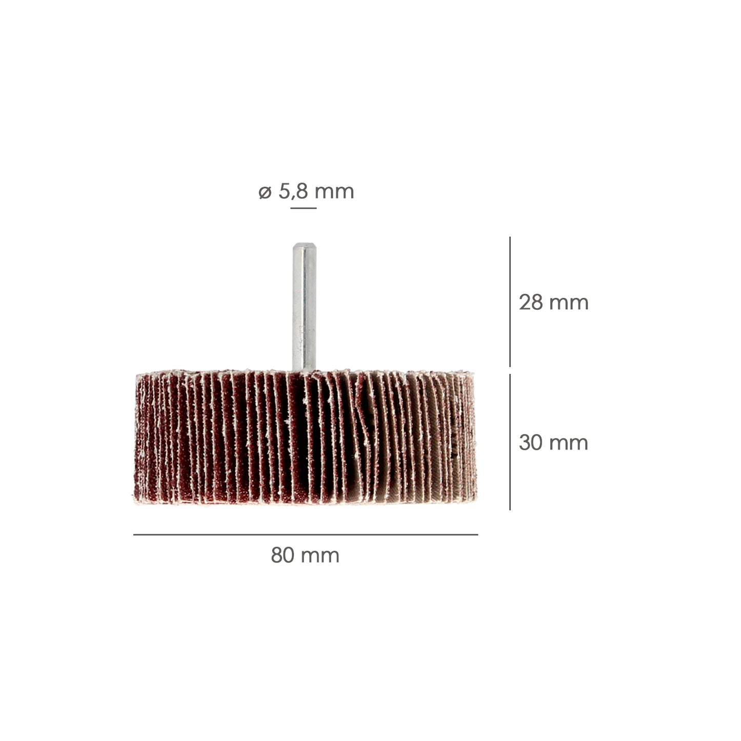 Medição do ventilador de lixamento de grão 40 Ø 80 x 30 mm. Disco abrasivo de aba, rodas de mil folhas, rodas abrasivas, lixamento, esmerilhamento, polimento