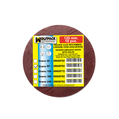 Lija Recambio Velcro Disco Ø 125 mm. con Agujeros Grano  80 (10 Piezas)