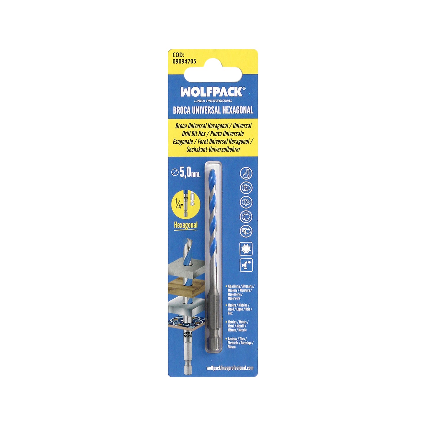 Broca Universal Hexagonal  Ø 5,0 mm. (Blister 1 Pieza) Broca Azulejos, Cerámica, Mármol, Hormigón, Metal, Madera, Plástico