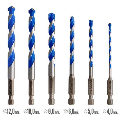 Estuche 5 Brocas Universal Hexagonal  Ø 4 / 5 / 6 / 8 10 mm. Broca Azulejos, Cerámica, Mármol, Hormigón, Metal, Madera, Plástico