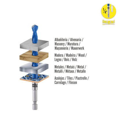 Estuche 5 Brocas Universal Hexagonal  Ø 4 / 5 / 6 / 8 10 mm. Broca Azulejos, Cerámica, Mármol, Hormigón, Metal, Madera, Plástico