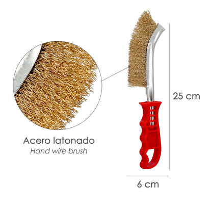 Cepillo Acero Latonado Mango Rojo 25 cm. cepillo Eliminación Oxido, Pintura, Pulido De Metales.