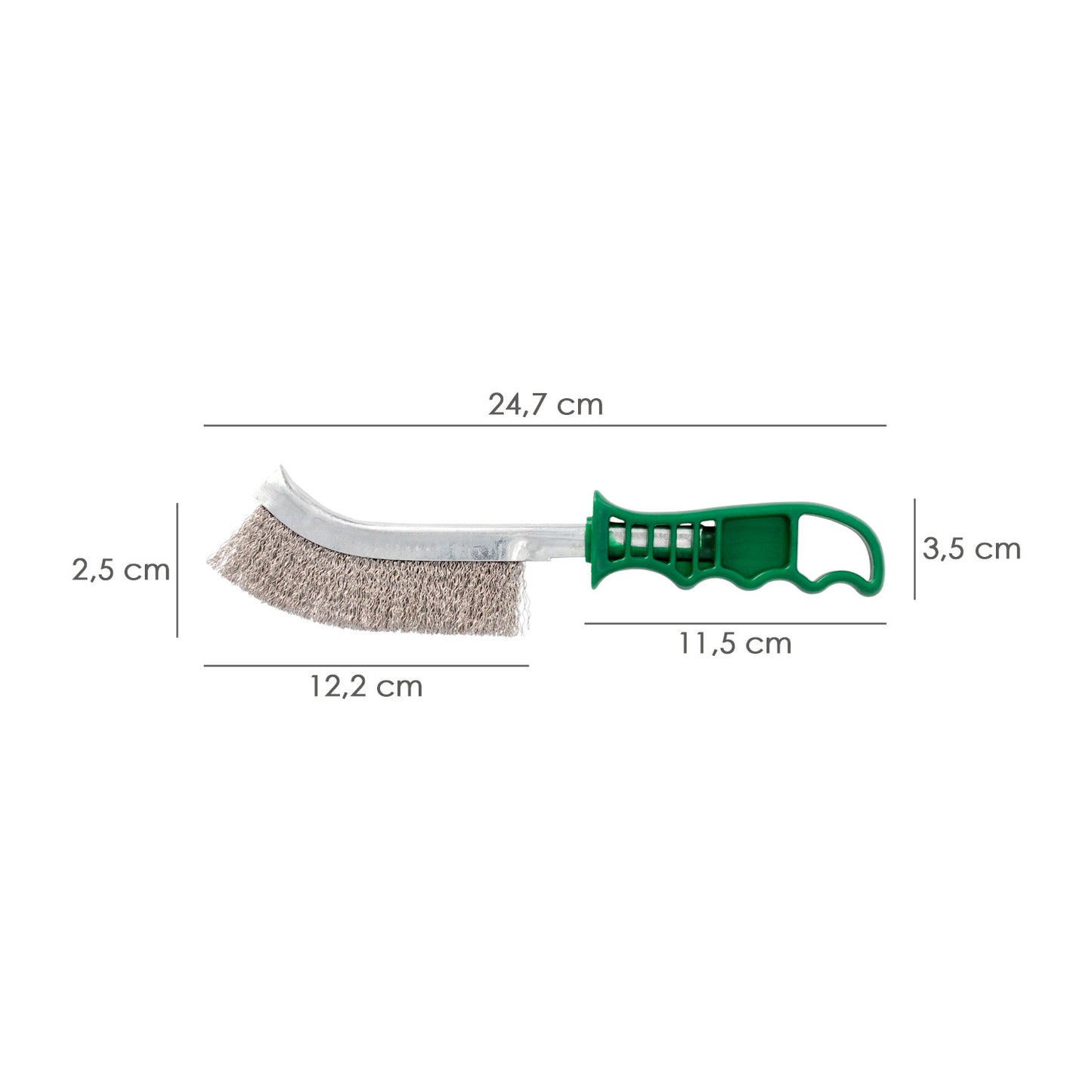 Escova de aço inoxidável com cabo verde 25 cm. Escova para remoção de ferrugem, tinta, polimento de metal.