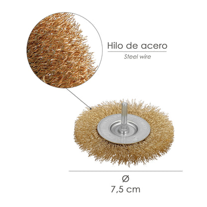 Escova de Aço Latão para Furadeira. Disco Ø 75 mm. Escova de broca de fio de latão de haste de 1/4 ", escova de limpeza, escova de polimento.