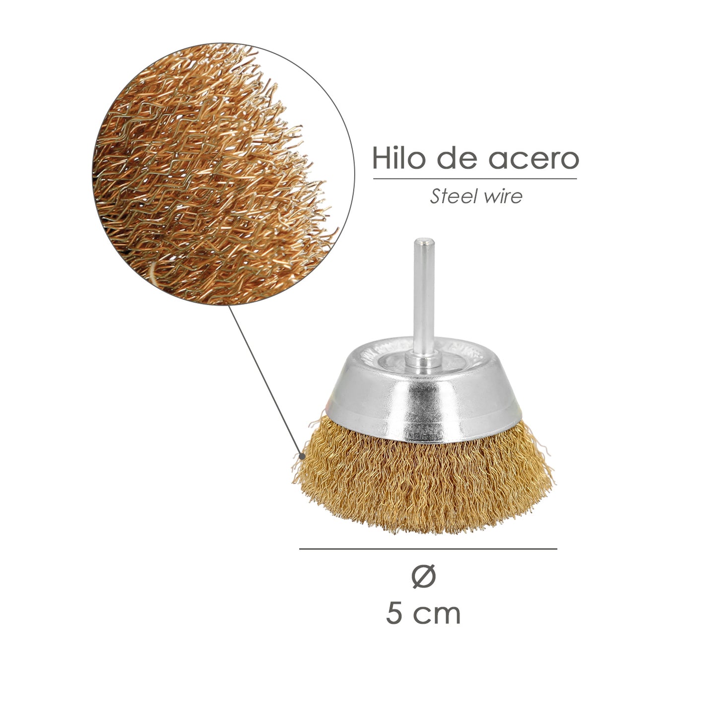 Escova de aço banhada em latão para broca copo Ø 50 mm. Escova de broca de fio de latão Spike 1/4", escova de limpeza, escova de polimento.