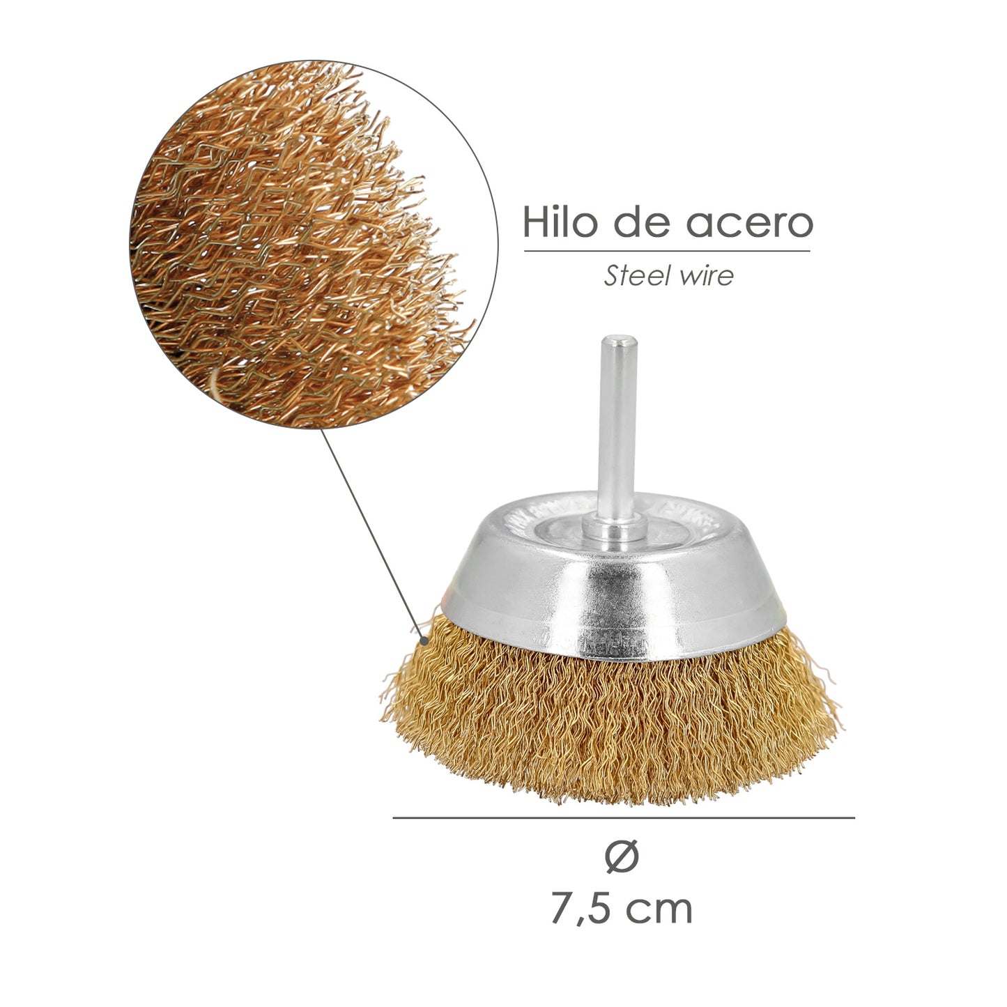 Escova de Aço Latão para Broca tipo Copo Ø 75 mm. Escova de broca de fio de latão de haste de 1/4 ", escova de limpeza, escova de polimento.