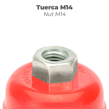 Cepillo Taza Con Alambre De Acero Latonado Rosca M14, Ø 120 mm. Alambre de Ø 0,30 mm.