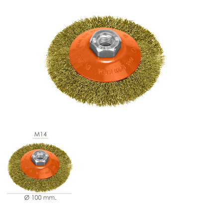 Escova Oblíqua Com Fio De Aço Latão Rosca M14, Ø 100 mm. Fio de Ø 0,30 mm.
