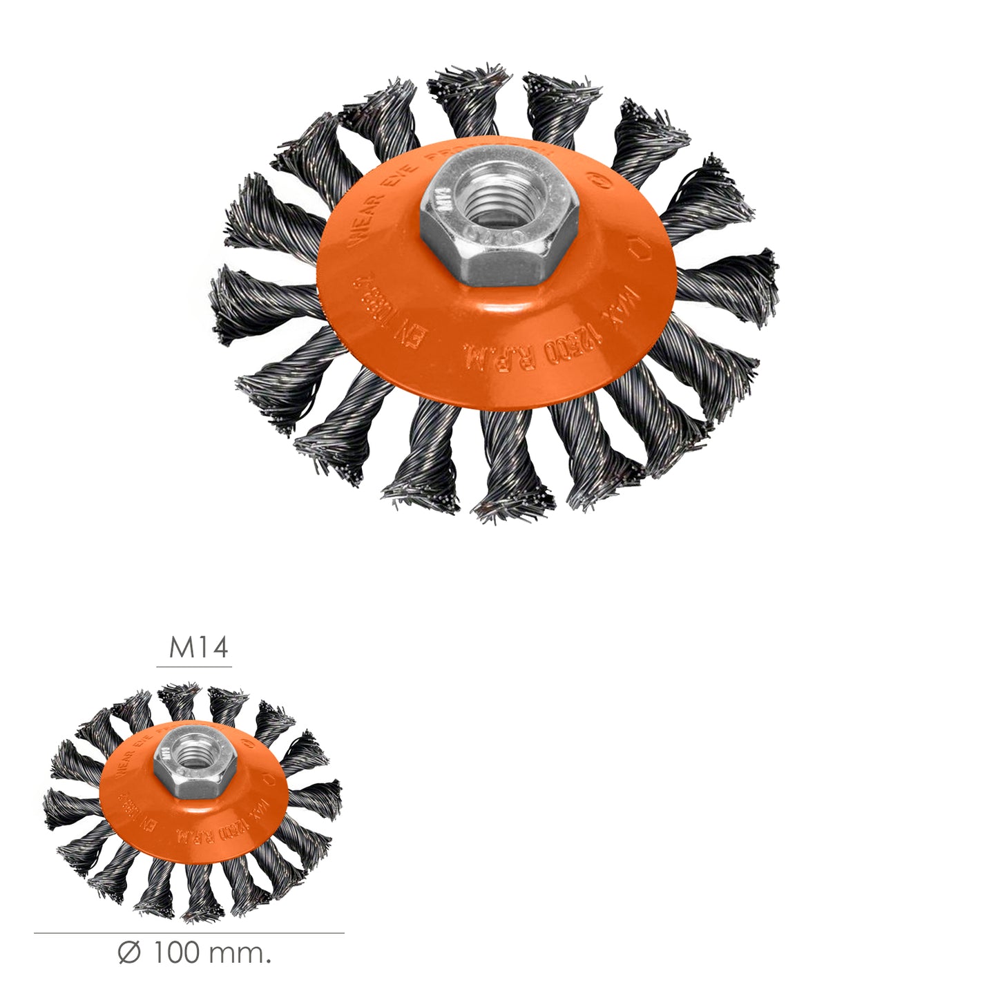 Cepillo Oblicuo Con Alambre De Acero Trenazdo Rosca M14, Ø 100 mm. Alambre de Ø 0,30 mm.