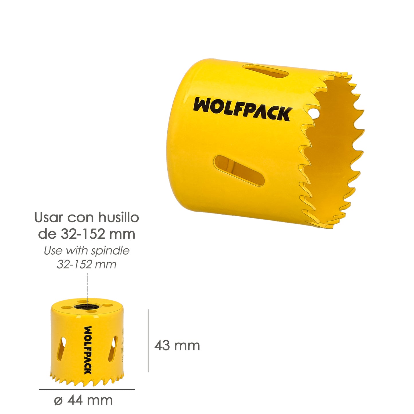 Serra de coroa bimetálica Ø 44 mm. Base Reforçada e Temperada Térmica. Coroa de madeira, furos de madeira, aço, ferro, plásticos