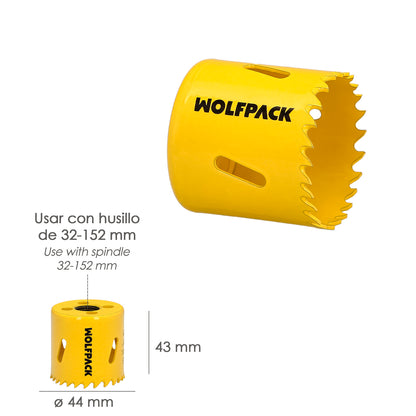 Serra de coroa bimetálica Ø 44 mm. Base Reforçada e Temperada Térmica. Coroa de madeira, furos de madeira, aço, ferro, plásticos