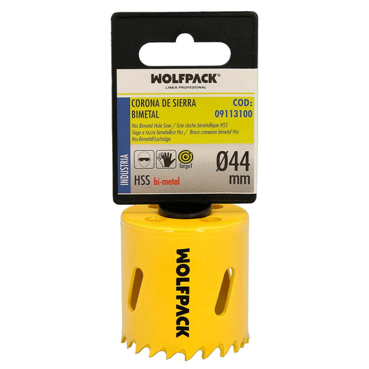 Serra de coroa bimetálica Ø 44 mm. Base Reforçada e Temperada Térmica. Coroa de madeira, furos de madeira, aço, ferro, plásticos