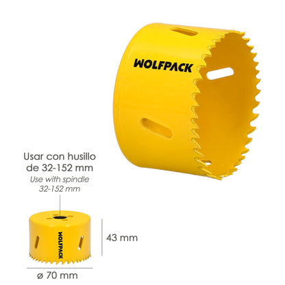 Serra de coroa bimetálica Ø 70 mm. Base Reforçada e Temperada Térmica. Coroa de madeira, furos de madeira, aço, ferro, plásticos