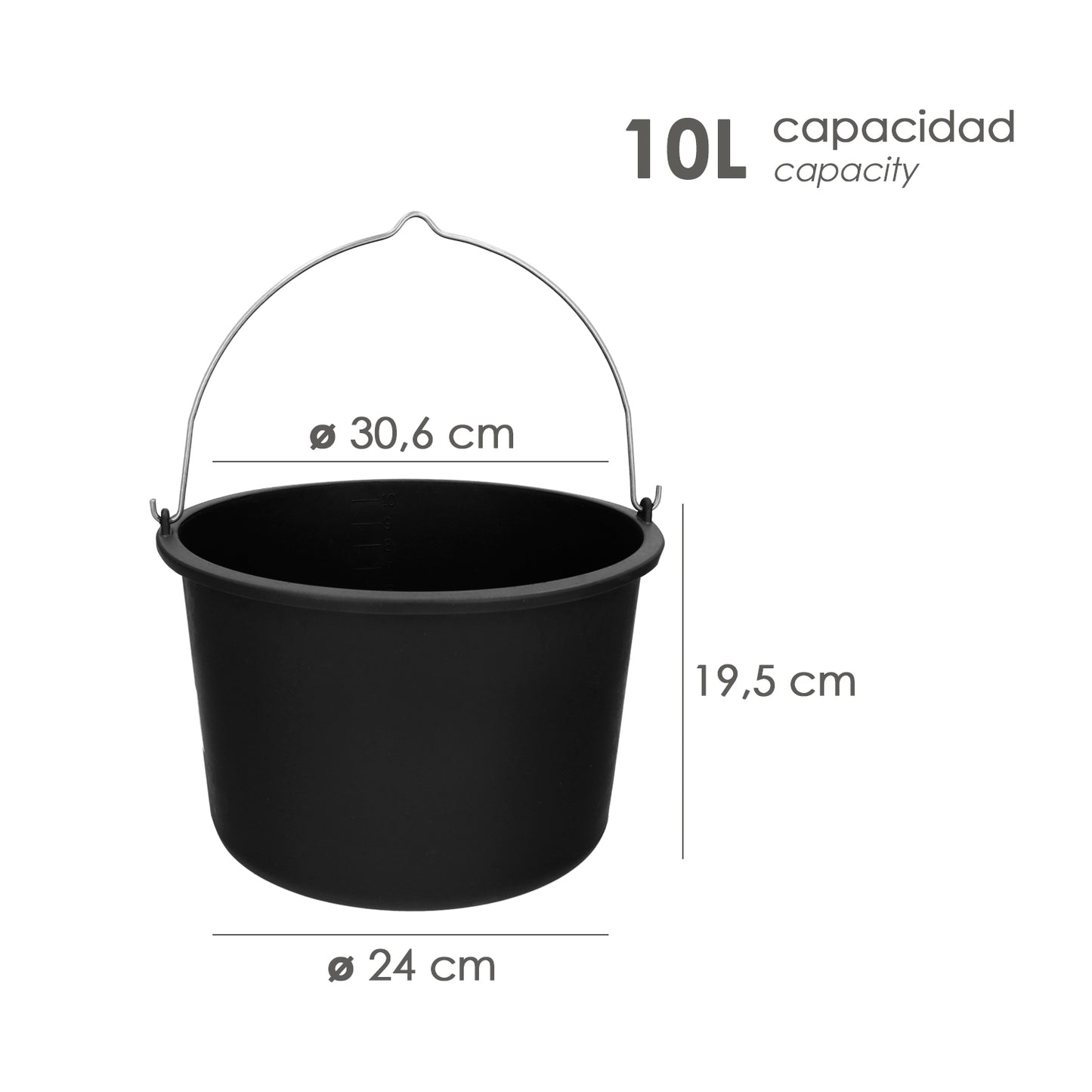 Balde de Construção Italiana Capacidade 10 Litros, Com Marcas de Medição, Cabo em Aço Galvanizado, Resistente e Leve.
