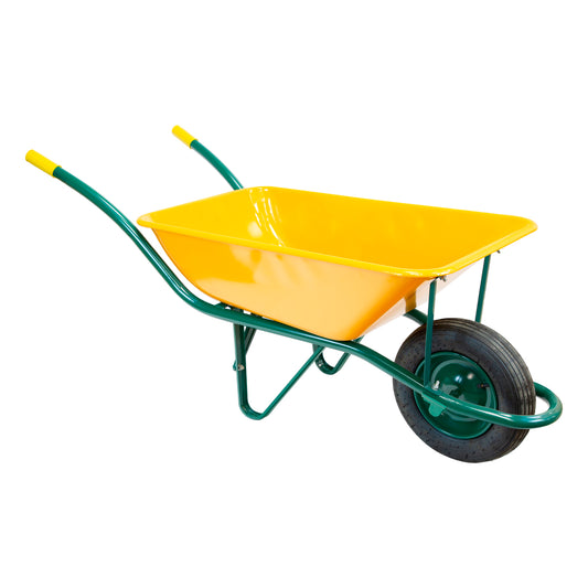 Carrinho de mão de metal amarelo desmontado