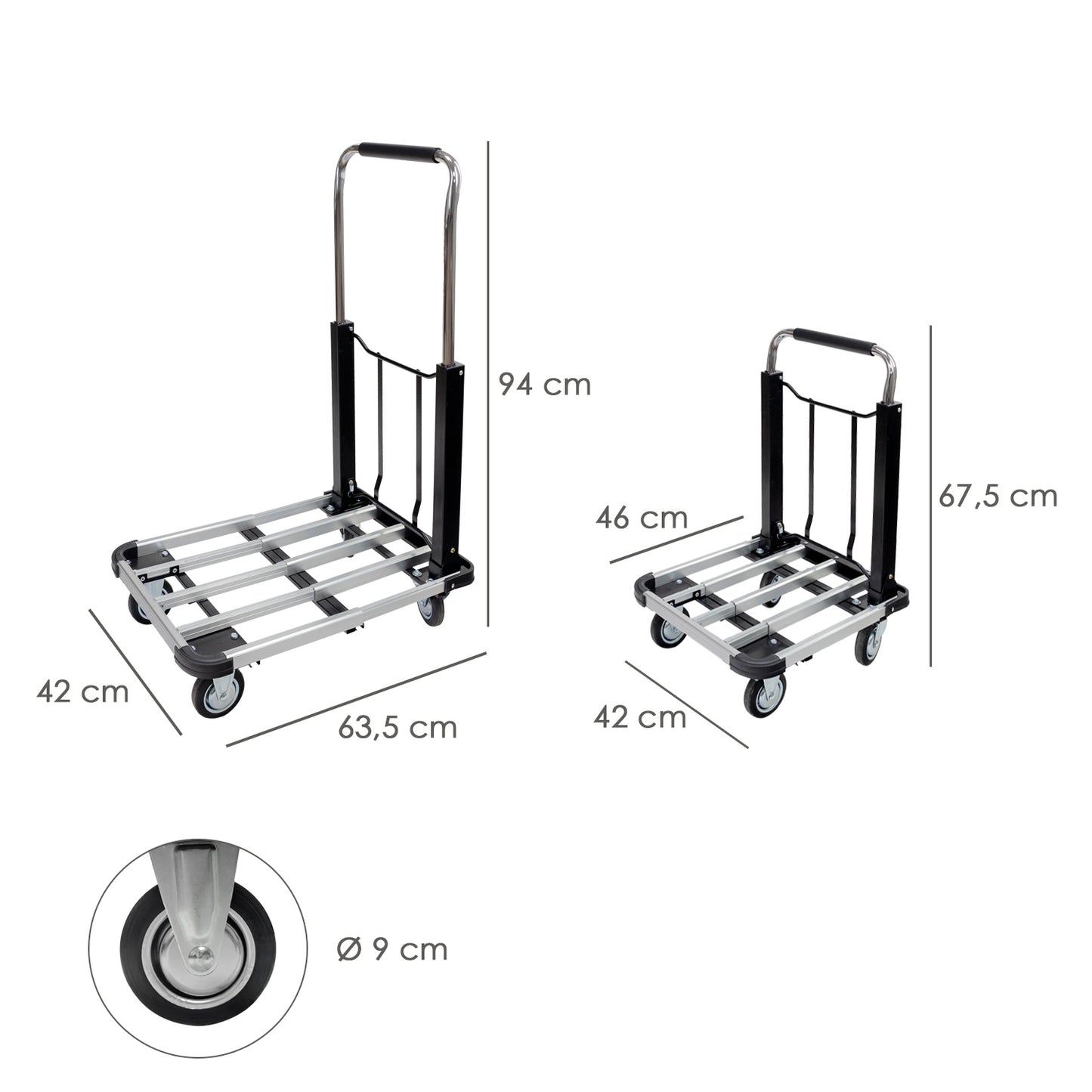 Carrinho de mão dobrável de alumínio/aço com plataforma extensível