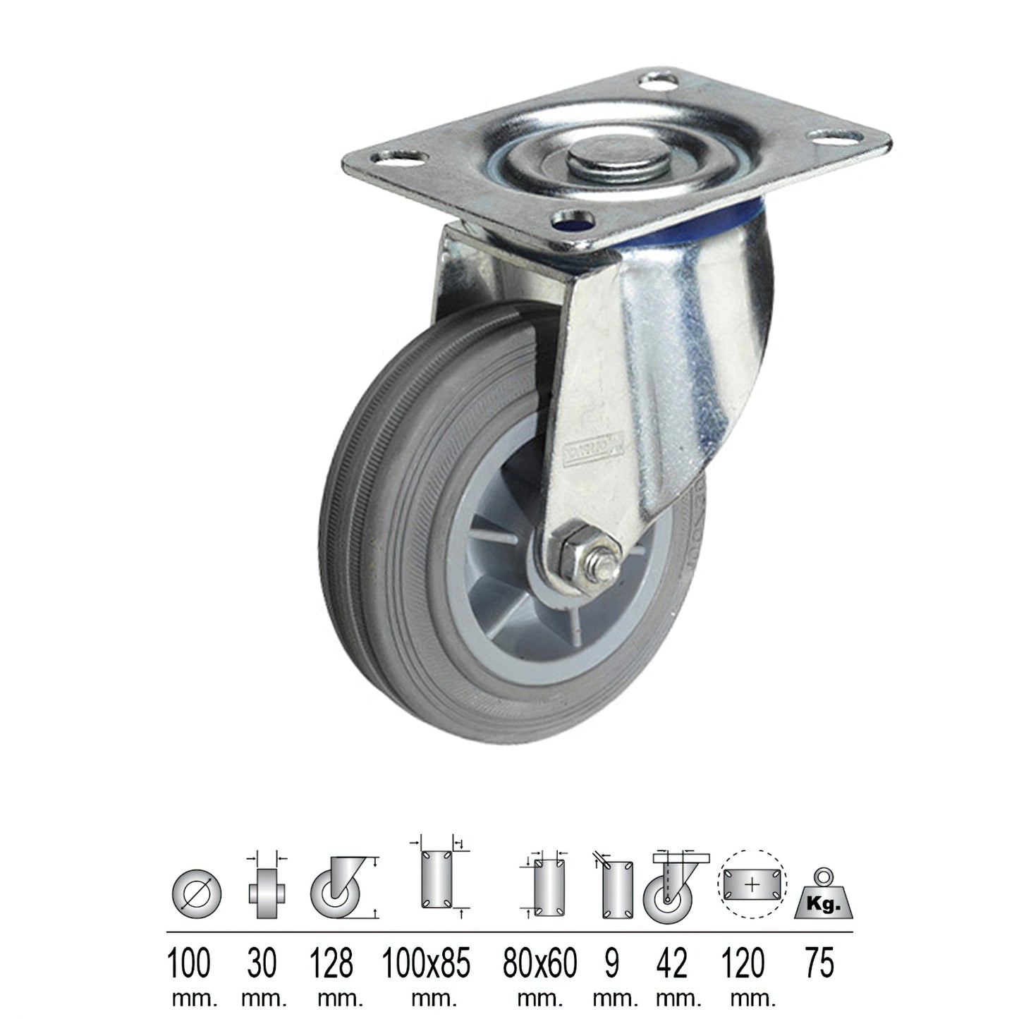 Roda Industrial Chapa de Borracha Cinza 100 mm.