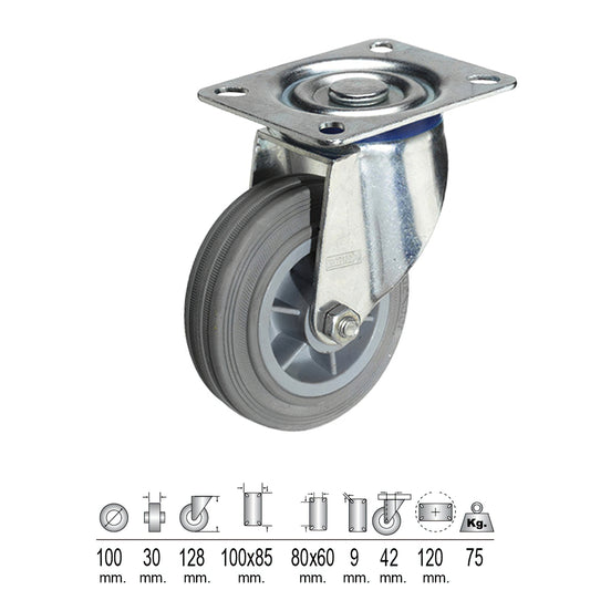 Roda Industrial Chapa de Borracha Cinza 100 mm.