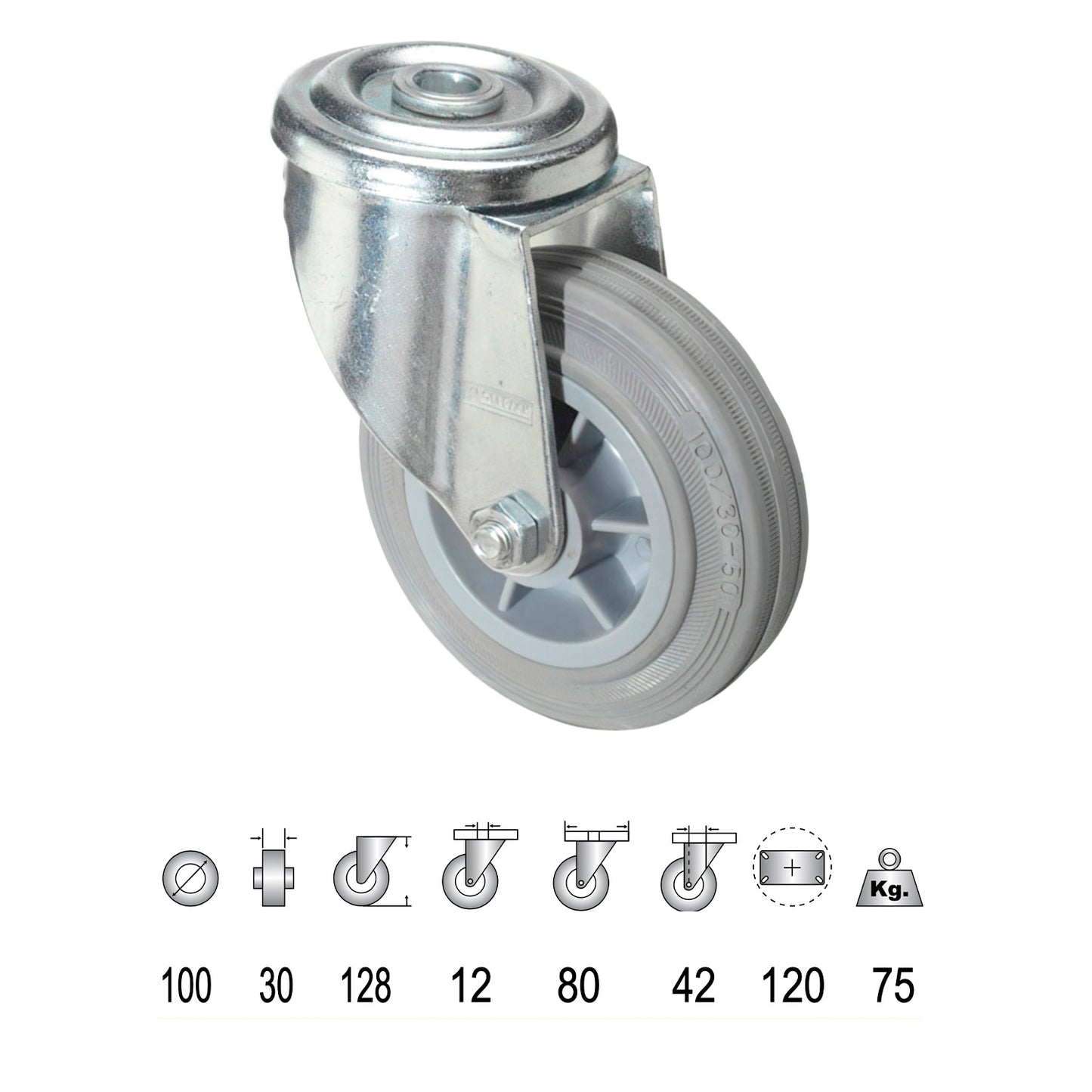 Roda Industrial Cinza Borracha 100 mm.