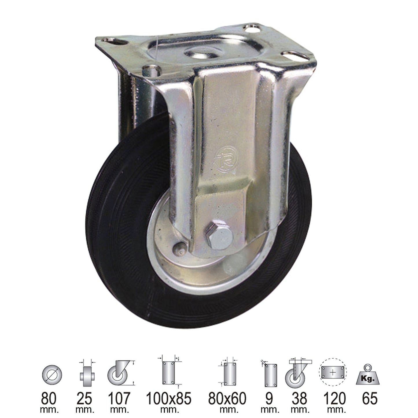 Roda Industrial Fixa de Borracha Preta 80 mm.