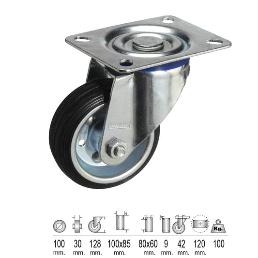 Roda Industrial Chapa de Borracha Preta 100 mm.