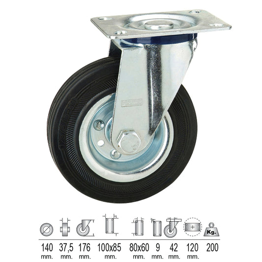 Roda Industrial Placa de Borracha Preta 140 mm.