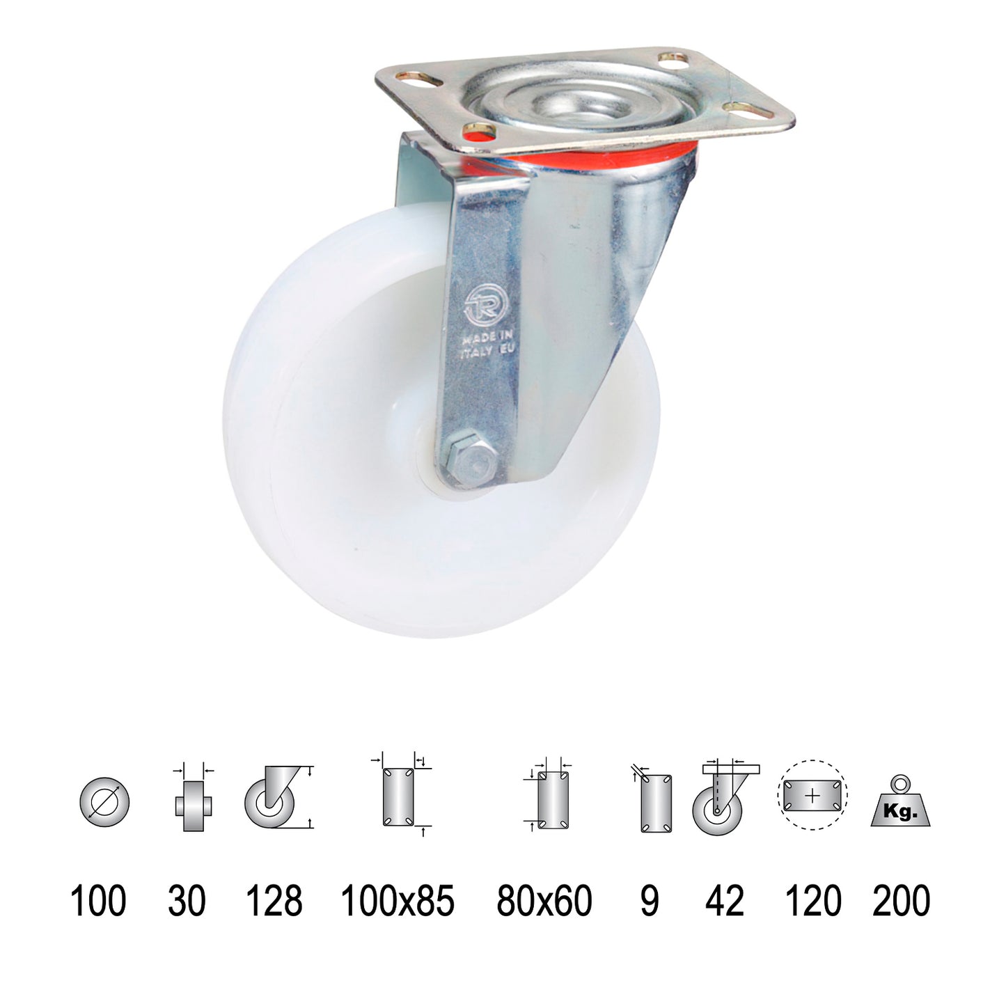 Roda Industrial Placa de Nylon 100 mm.