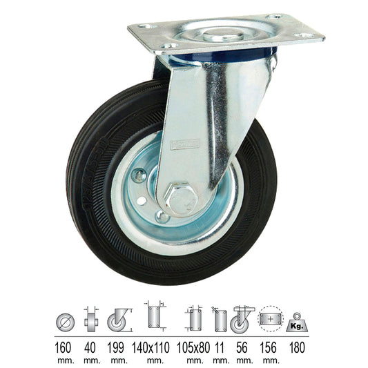 Roda Industrial Chapa de Borracha Preta 160 mm.