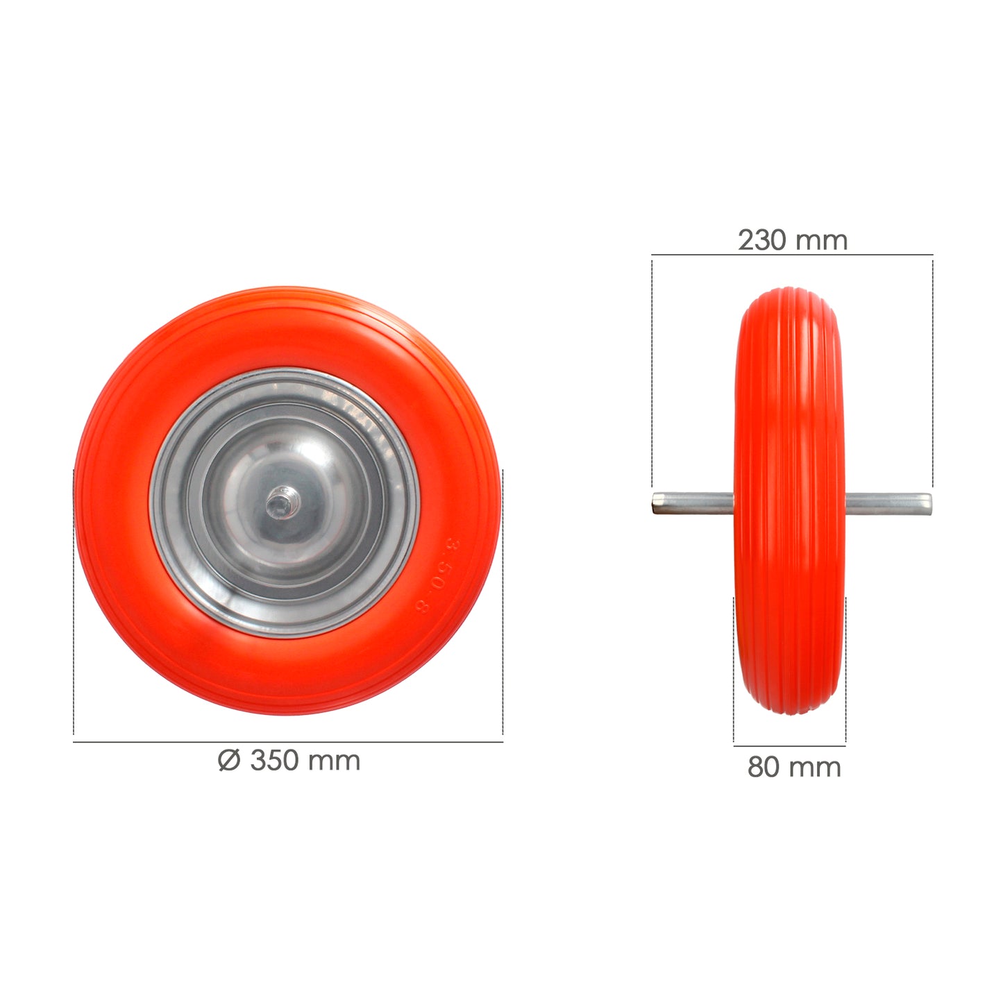 Rueda Carretilla Obra / Jardin Maciza Llanta Acero "Plus" Naranja Impinchable, Para Eje Ø 19 mm Rueda Ø 35 cm