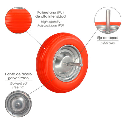 Rueda Carretilla Obra / Jardin Maciza Llanta Acero "Plus" Naranja Impinchable, Rueda Carretilla Con Eje Ø 19 mm Rueda Ø 35 cm