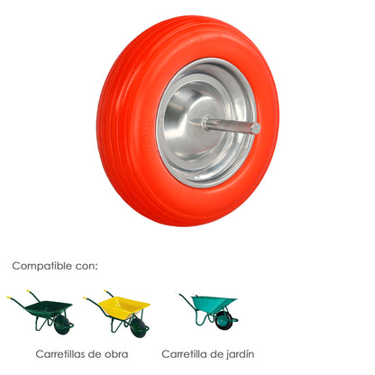 Rueda Carretilla Obra / Jardin Maciza Llanta Acero "Plus" Naranja Impinchable, Rueda Carretilla Con Eje Ø 19 mm Rueda Ø 35 cm