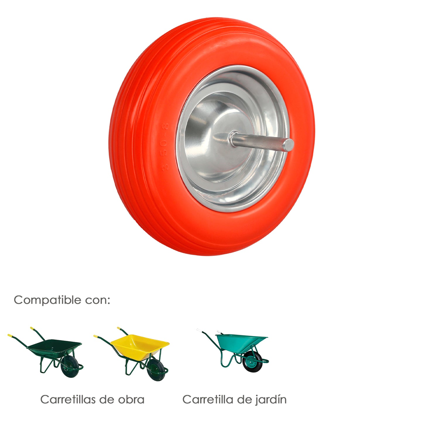 Rueda Carretilla Obra / Jardin Maciza Llanta Acero "Plus" Naranja Impinchable, Para Eje Ø 19 mm Rueda Ø 35 cm