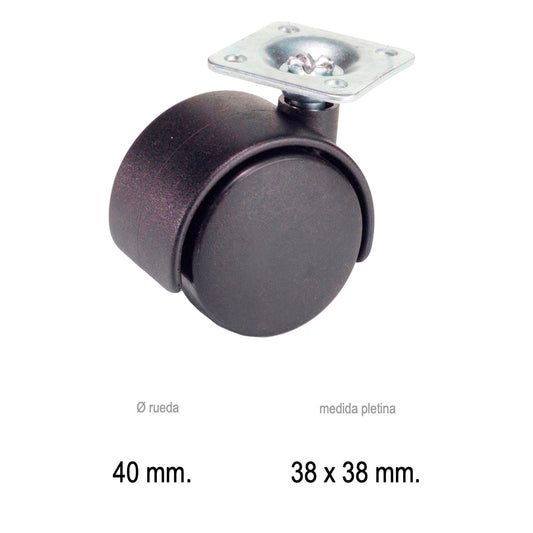 Roda Doméstica Placa Nylon Preto 40 mm.